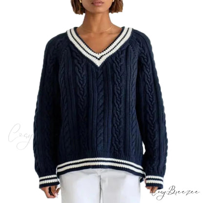Preppy Cable Knit Striped V-neck Sweater Navy Blue / S swraters-241228