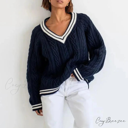 Preppy Cable Knit Striped V-neck Sweater swraters-241228