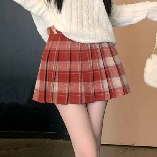 Preppy Vintage Plaid High Waist Thicken Winter Wool Mini Pleated Skirt Red / S