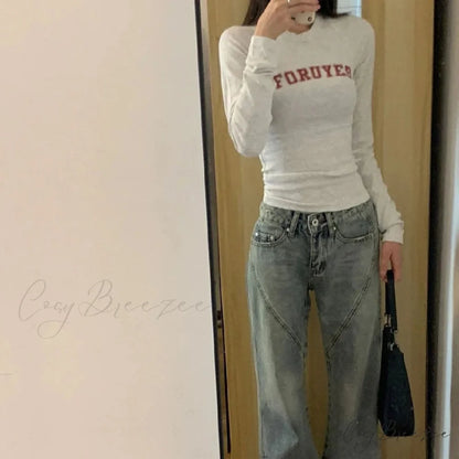 Preppy Y2K Letter Print Ribbed Long Sleeve Knit Top knittop-250126