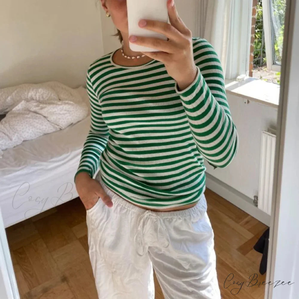 Preppy Y2K Striped Rib Knitted Crop Long Sleeve Knit Top GREEN / S knittop-250126