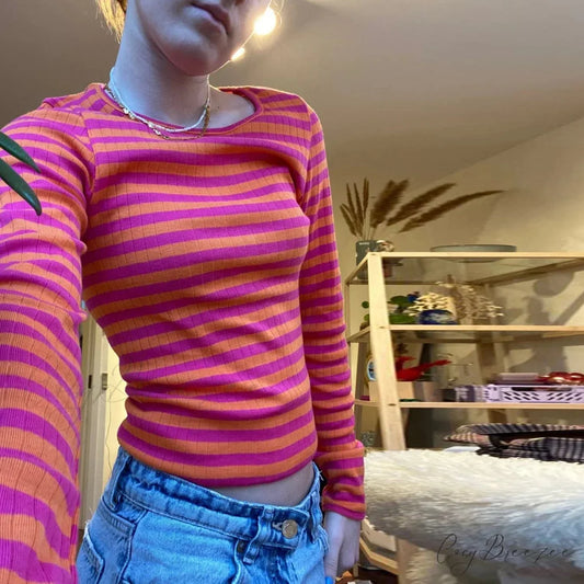 Preppy Y2K Striped Rib Knitted Crop Long Sleeve Knit Top PINK / S knittop-250126