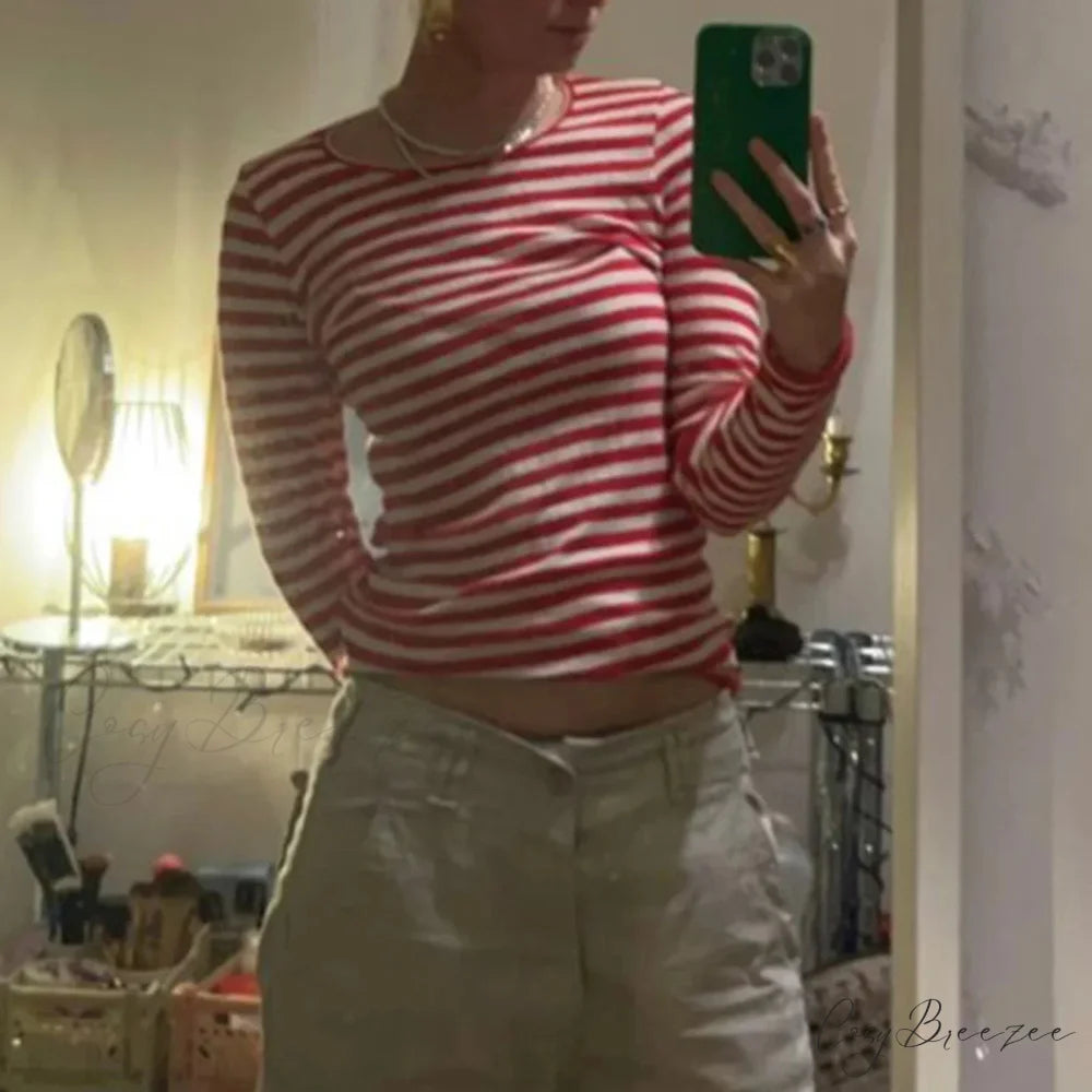 Preppy Y2K Striped Rib Knitted Crop Long Sleeve Knit Top RED / S knittop-250126