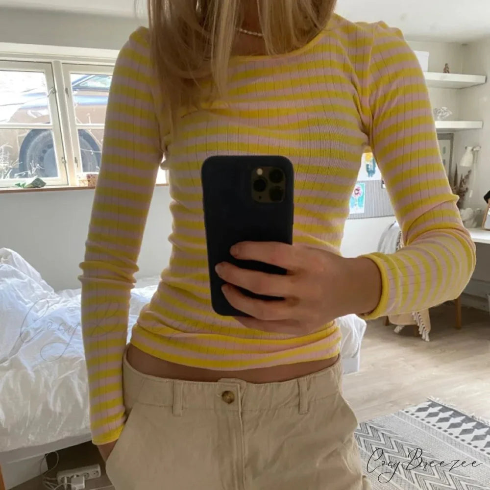 Preppy Y2K Striped Rib Knitted Crop Long Sleeve Knit Top YELLOW / S knittop-250126