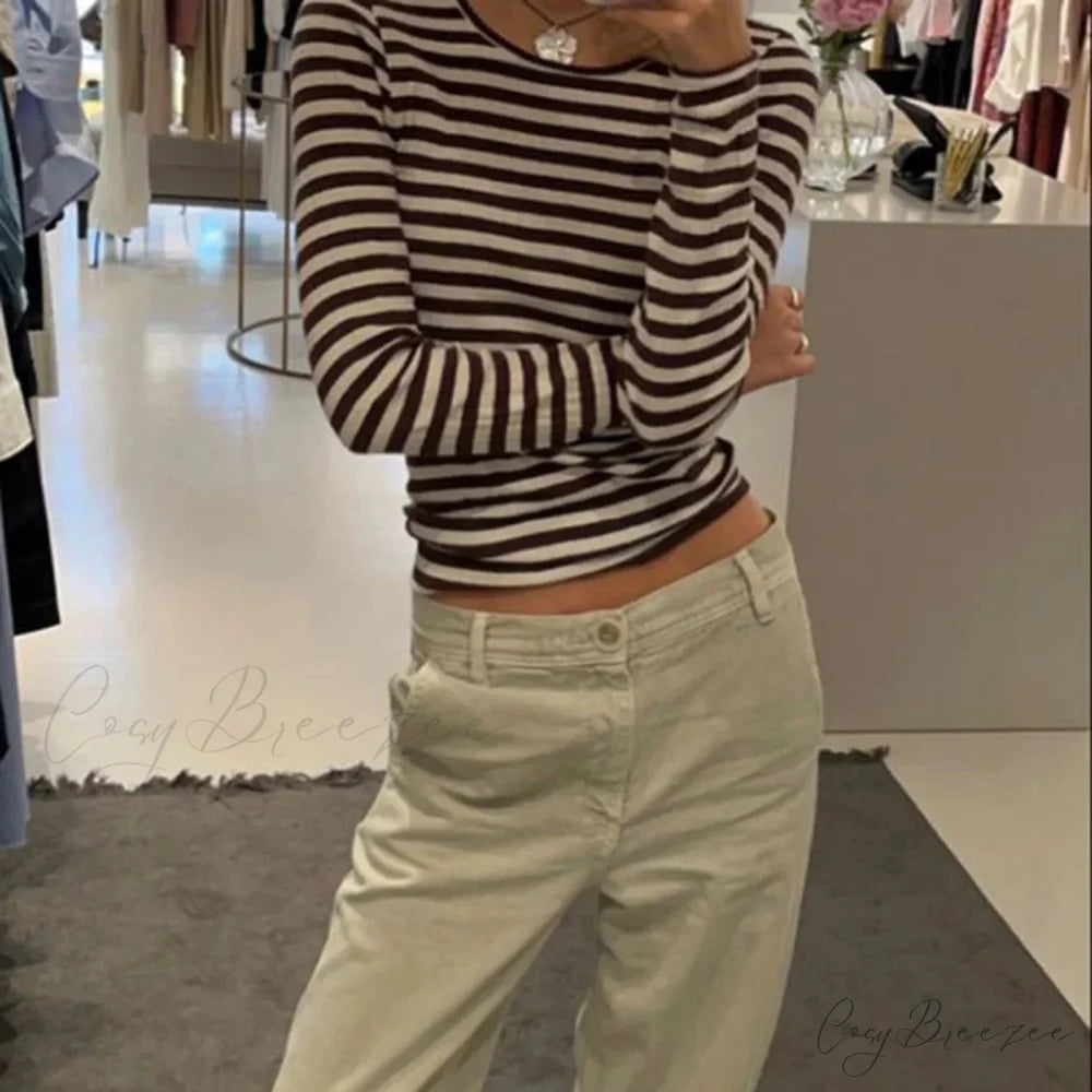 Preppy Y2K Striped Rib Knitted Crop Long Sleeve Knit Top Zebra-stripe / S knittop-250126