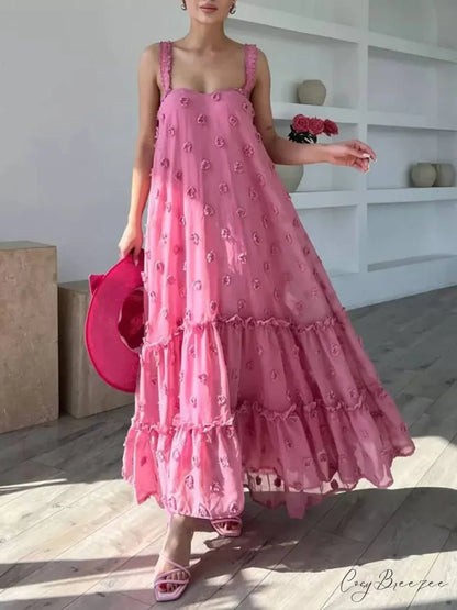 Pretty Flower Decor A-Line Graceful Layered Loose Maxi Dress Pink / S