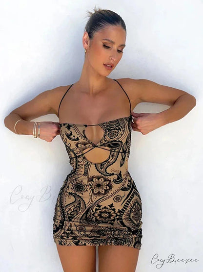 Print Backless Black Mini Dress