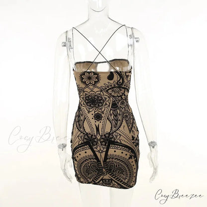 Print Backless Black Mini Dress