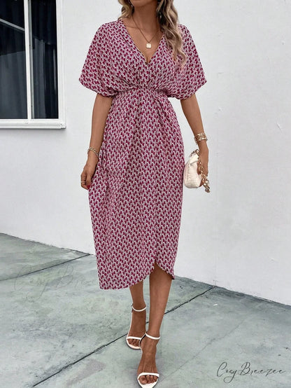 Print Batwing Sleeve Wrap Hem Dress Burgundy / S