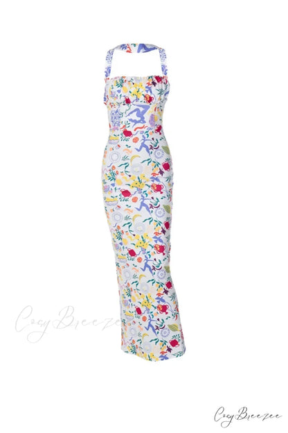 Print Halter Backless Dress in Multicolor