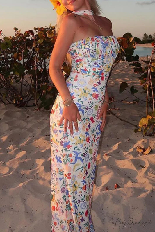 Print Halter Backless Dress in Multicolor White / S