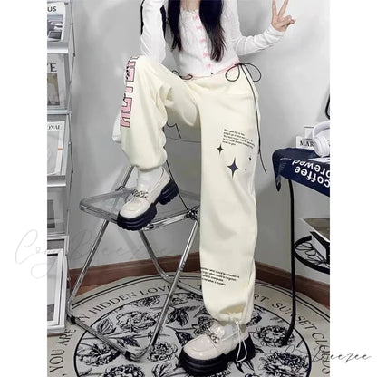 Print Letter Relaxed Straight Pants pants-241228