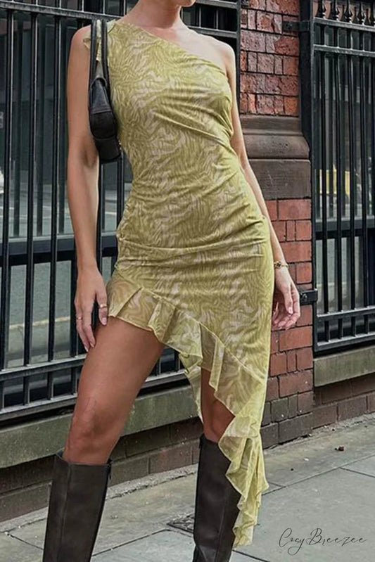 Print Ruffle Irregular Hem Dress with One Shoulder Yellow Green / S