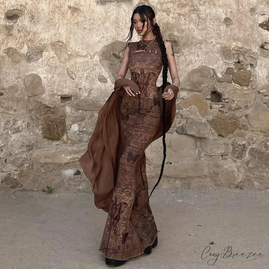 Print Sleeveless Bodycon Maxi Dress Brown / S