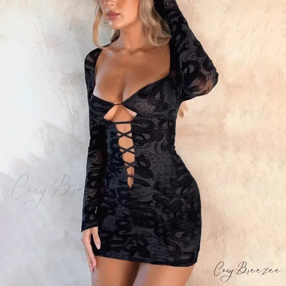 Print Square Neck Sexy Bandage Cut Out Mini Dress