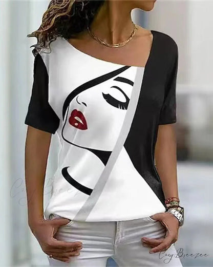 print V-neck face tee Black / S