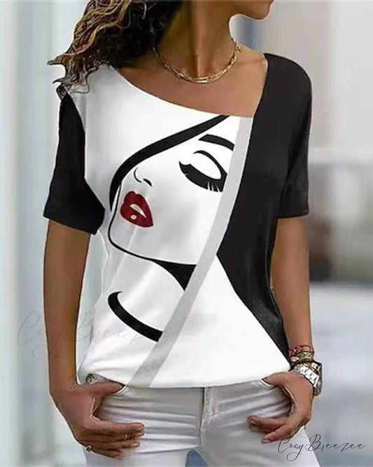 print V-neck face tee Black / S