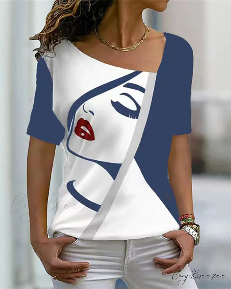 print V-neck face tee Blue / S