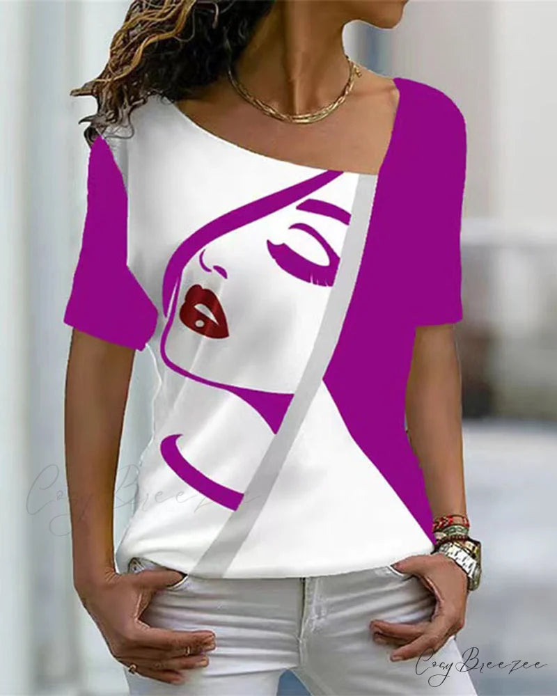 print V-neck face tee Purple / S