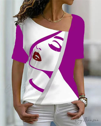 print V-neck face tee Purple / S