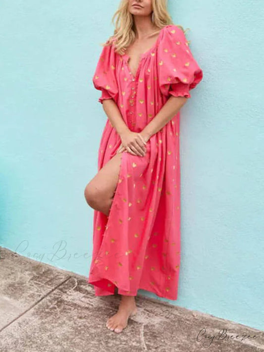Printed Cardigan Short Charming Sleeve Oversized Midi Dress Red / S/M
