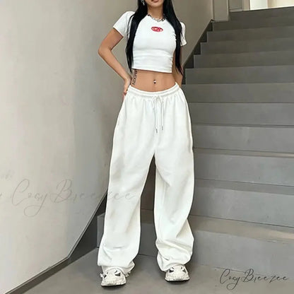 Printed Drawstring Athletic Relaxed Pants White 1 / S (38-45KG) pants-241228