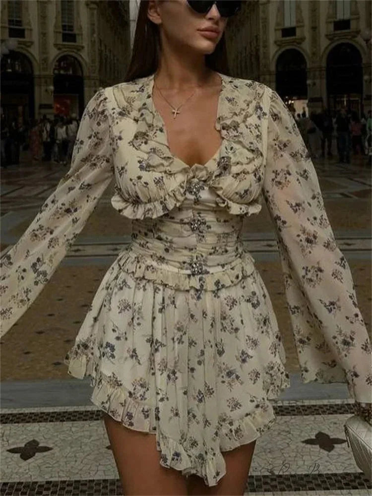 Printed Drawstring Bandage Mini Dress Khaki / S minidress-250223