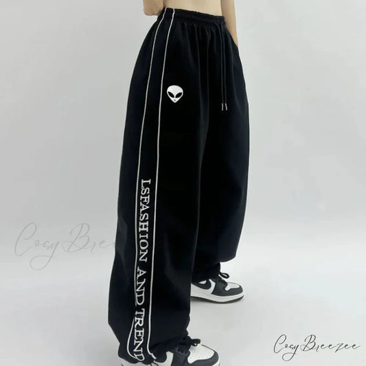 Printed Drawstring Sports Relaxed Pants Black / S pants-241228