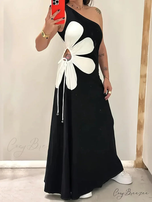 Printed Floral Sleeveless Back-zip Long Dress Black / S floraldress-250126