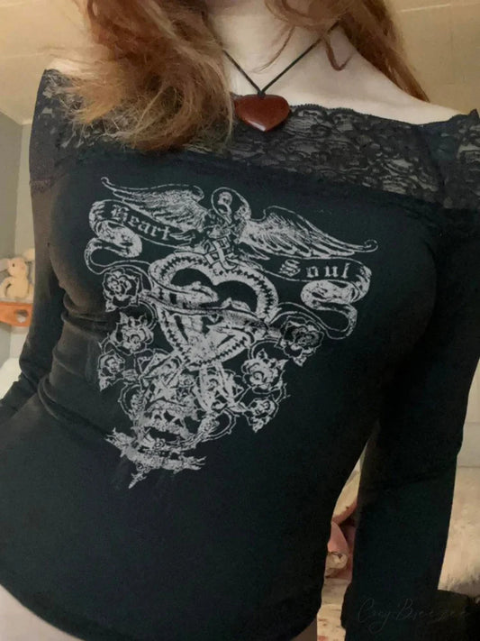 Printed Lace Trim Retro Dark Slim Slash Neck Long Sleeve Knit Top Black / S knittop-250126