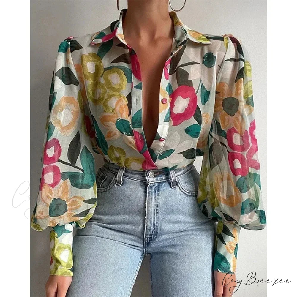 Printed Lantern Sleeve Vintage Floral Button Long Sleeve Crop Top blouse-250126