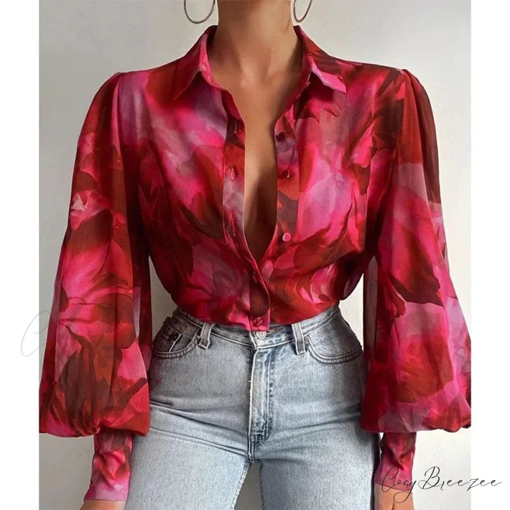 Printed Lantern Sleeve Vintage Floral Button Long Sleeve Crop Top blouse-250126