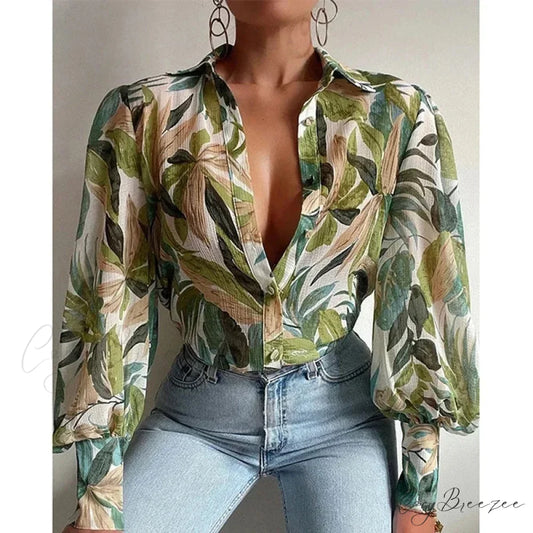 Printed Lantern Sleeve Vintage Floral Button Long Sleeve Crop Top blouse-250126