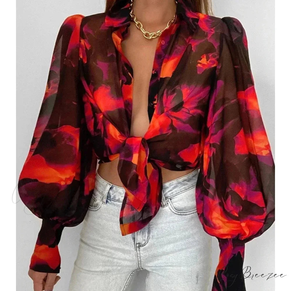 Printed Lantern Sleeve Vintage Floral Button Long Sleeve Crop Top blouse-250126