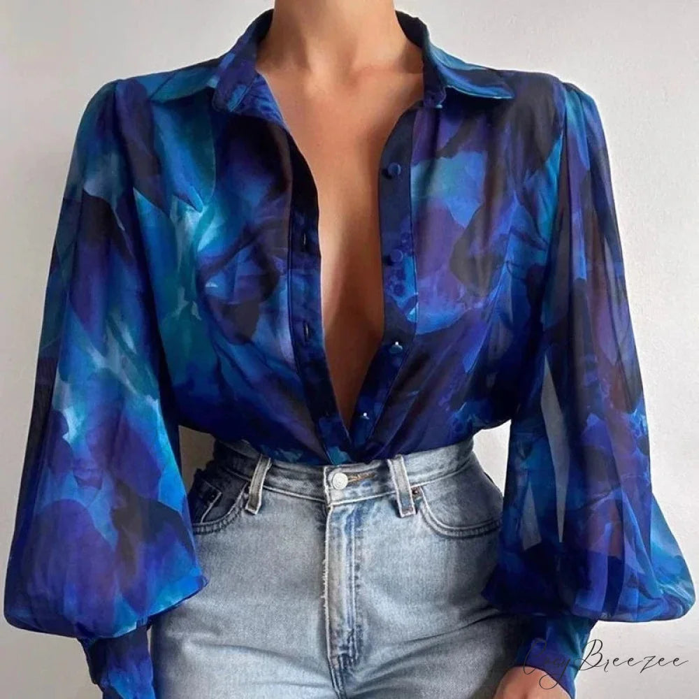 Printed Lantern Sleeve Vintage Floral Button Long Sleeve Crop Top blouse-250126