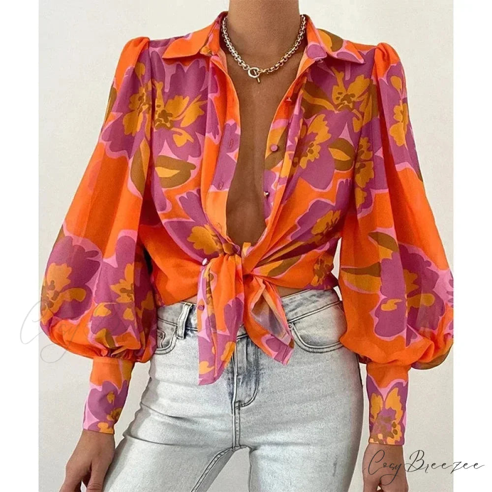 Printed Lantern Sleeve Vintage Floral Button Long Sleeve Crop Top blouse-250126