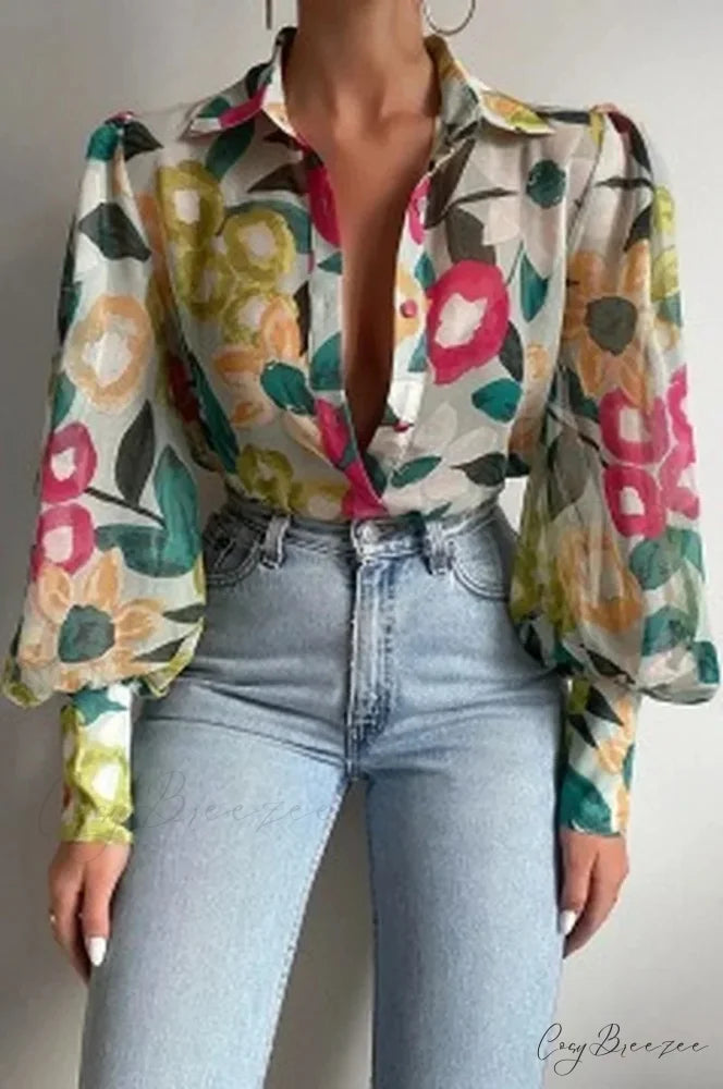 Printed Lantern Sleeve Vintage Floral Button Long Sleeve Crop Top chestnut colour / S blouse-250126