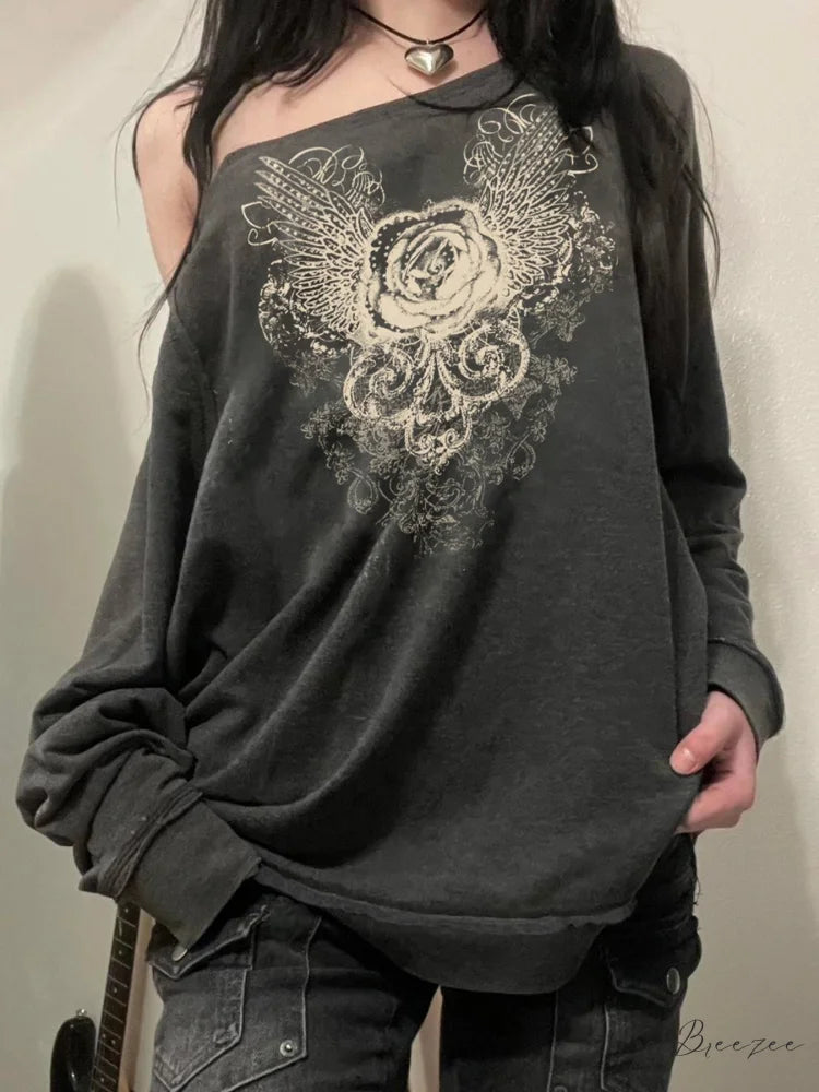 Printed Off-Shoulder Sweatshirt Retro Loose Long Sleeve Pullover Sweater GRAY / S knittop-250126