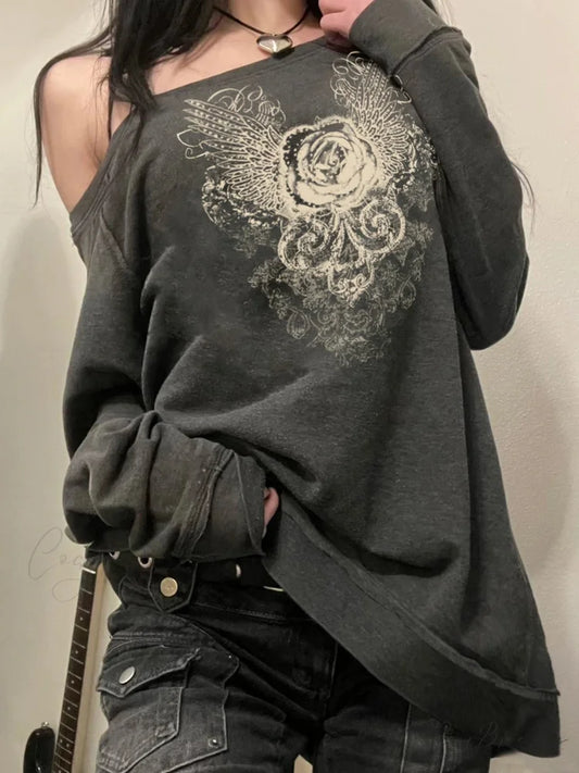 Printed Off-Shoulder Sweatshirt Retro Loose Long Sleeve Pullover Sweater knittop-250126