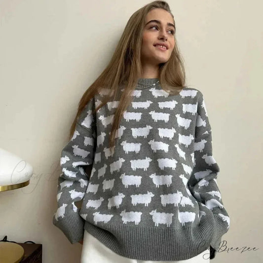 Printed Round Neck Casual Long Sleeve Sweater GRAY / S swraters-241228