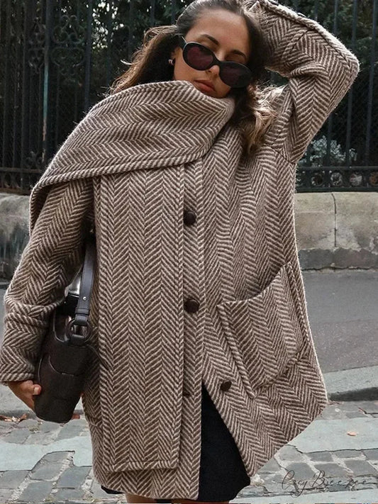 Printed Scarf Collar Woolen Coat coats-241228