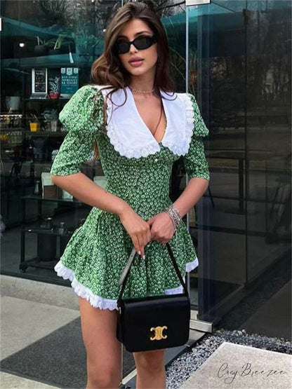 Printed Short Sleeve Mini Dress Green / S minidress-250223