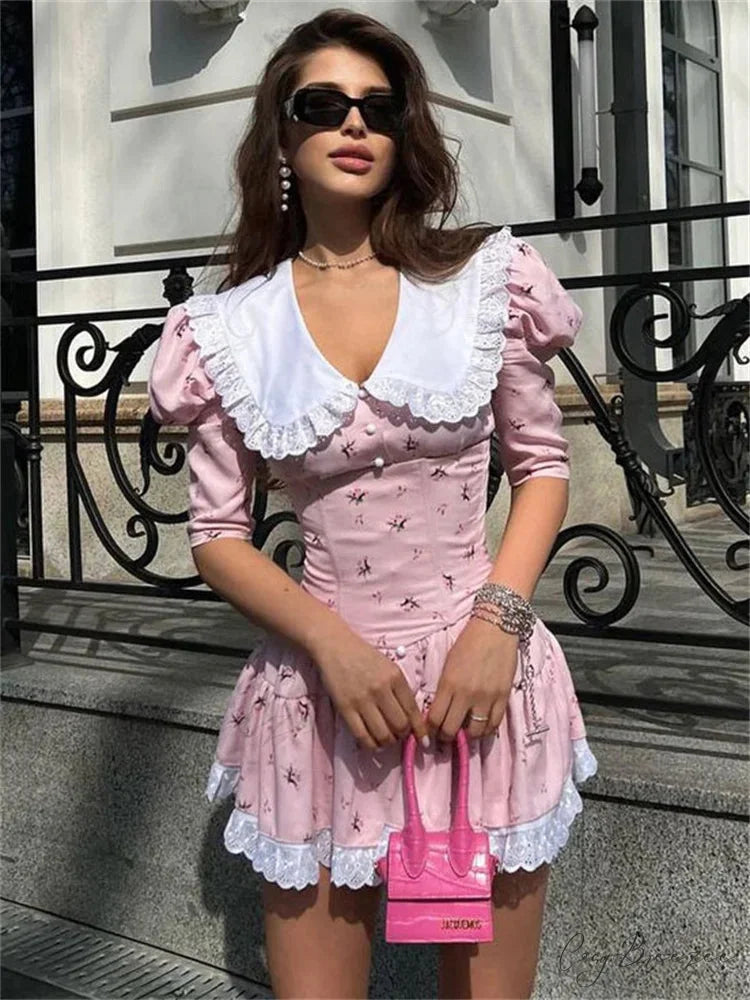 Printed Short Sleeve Mini Dress Pink / S minidress-250223