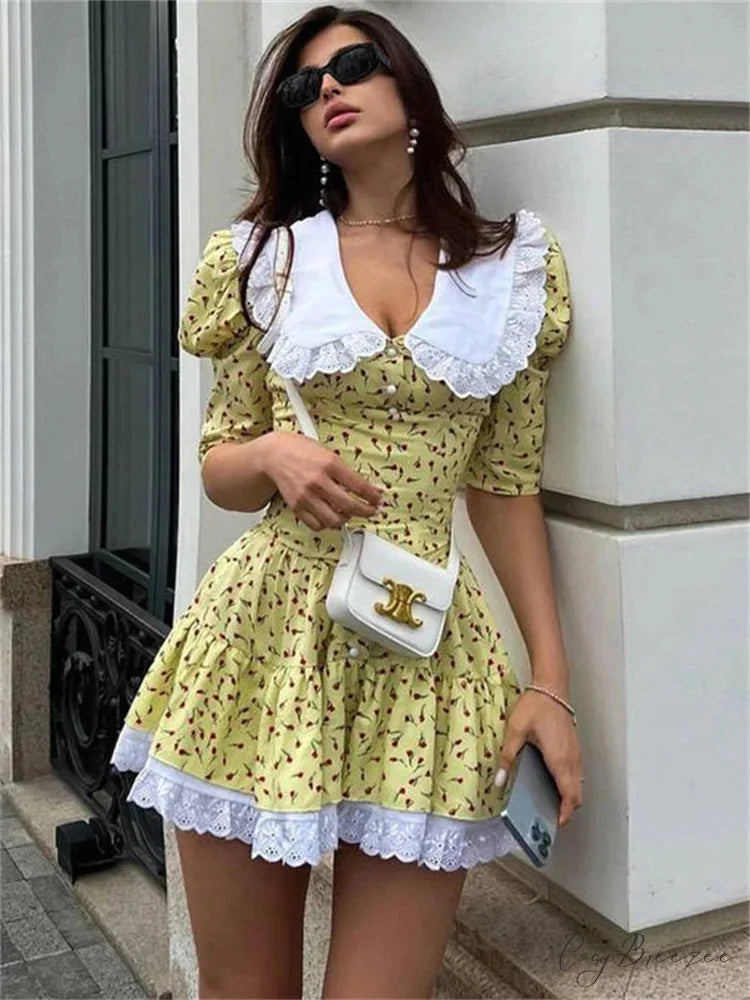 Printed Short Sleeve Mini Dress Yellow / S minidress-250223