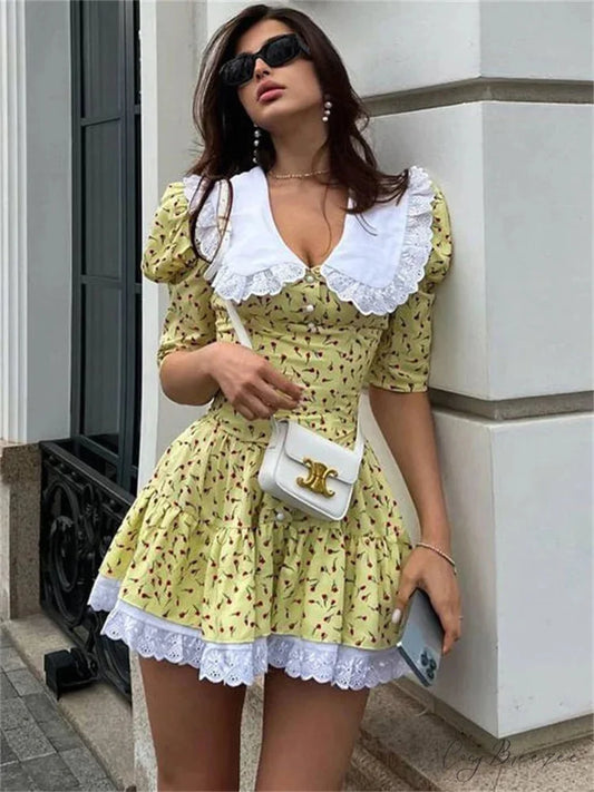 Printed Short Sleeve Mini Dress Yellow / S minidress-250223