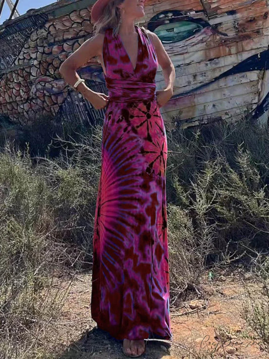 Printed Sleeveless Stylish V-Neck Maxi Dress Red / S