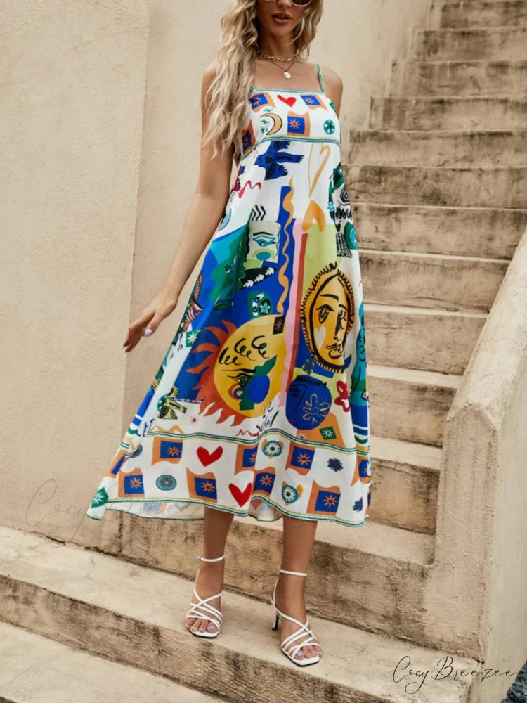 Printed Sleeveless Stylish Vacay Dress Printed / L