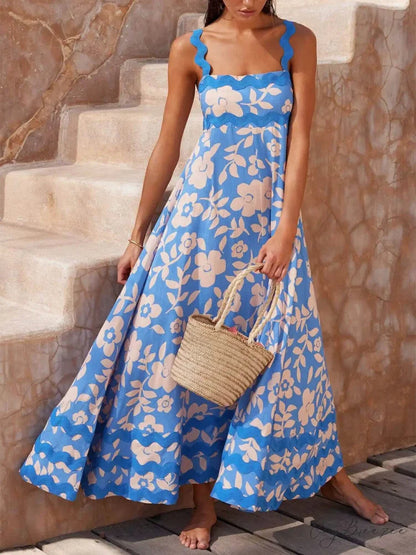 Printed Square Neck Charming Strap Maxi Dress Light Blue / S