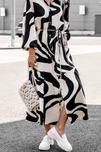 Printed Strappy Shirt Dress with Contrast Black / M