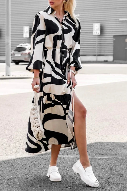 Printed Strappy Shirt Dress with Contrast Black / S